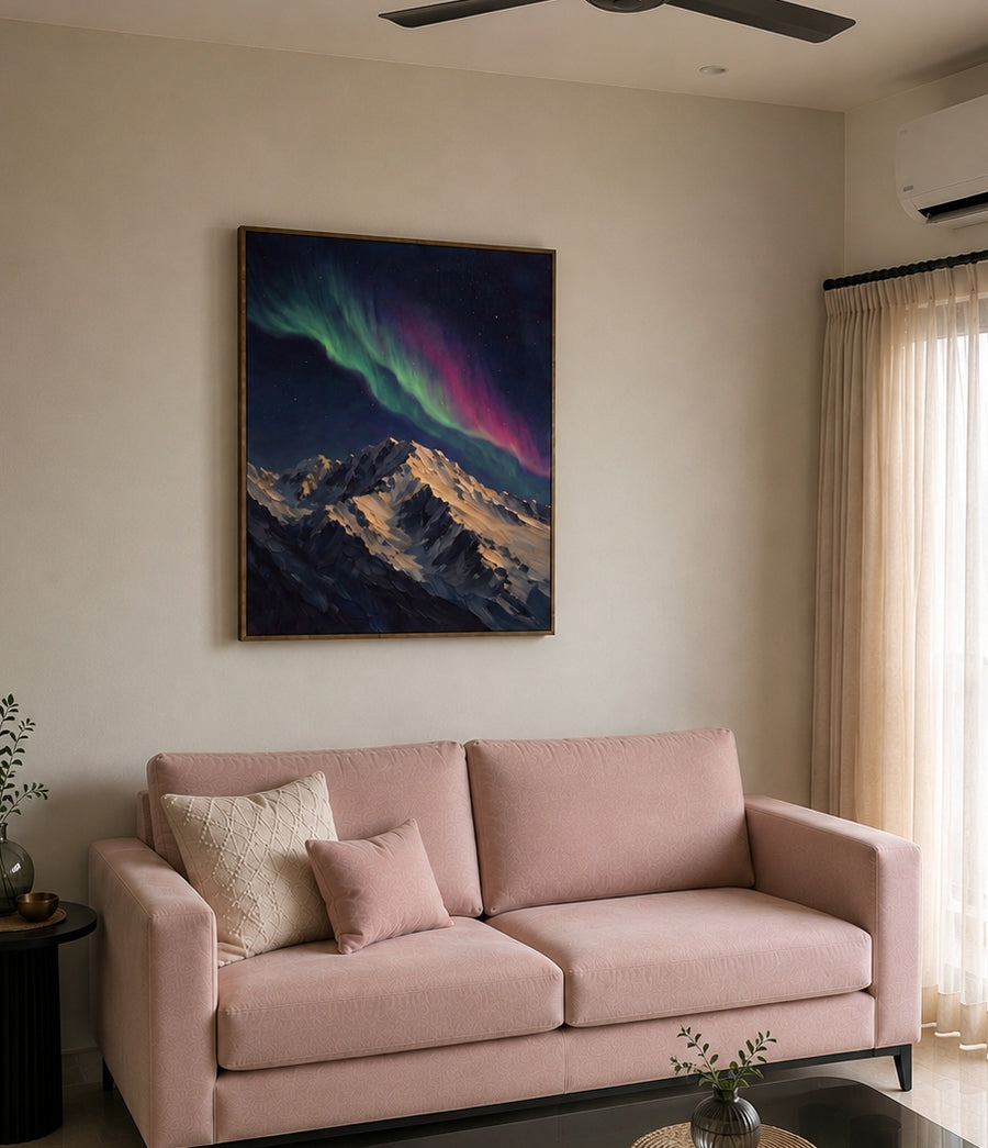 Large canvas wall art above a sofa in a modern Gurgaon apartment living room